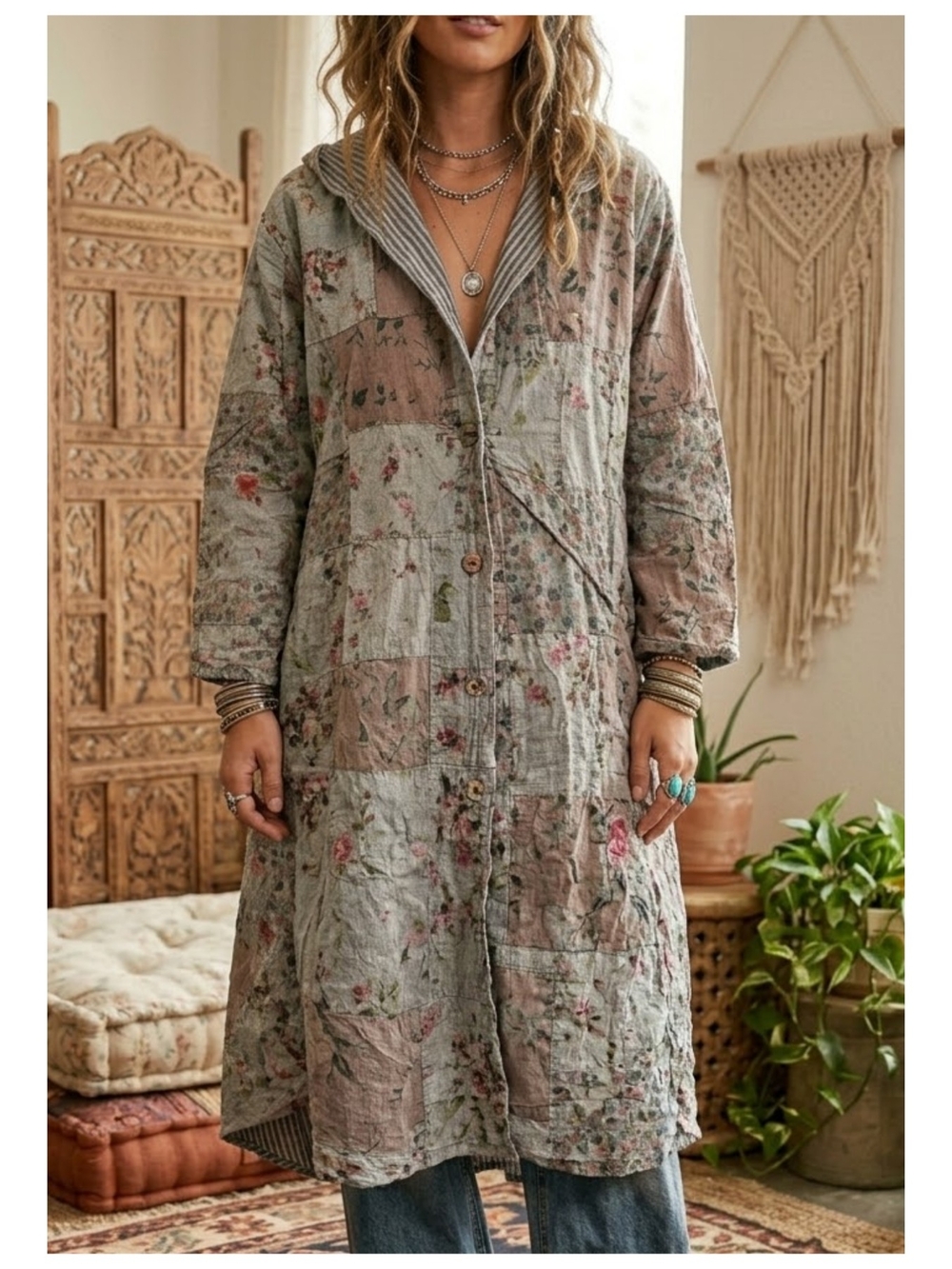 Bohemian Patchwork Distressed Hooded Floral Long Vintage Wash Duster